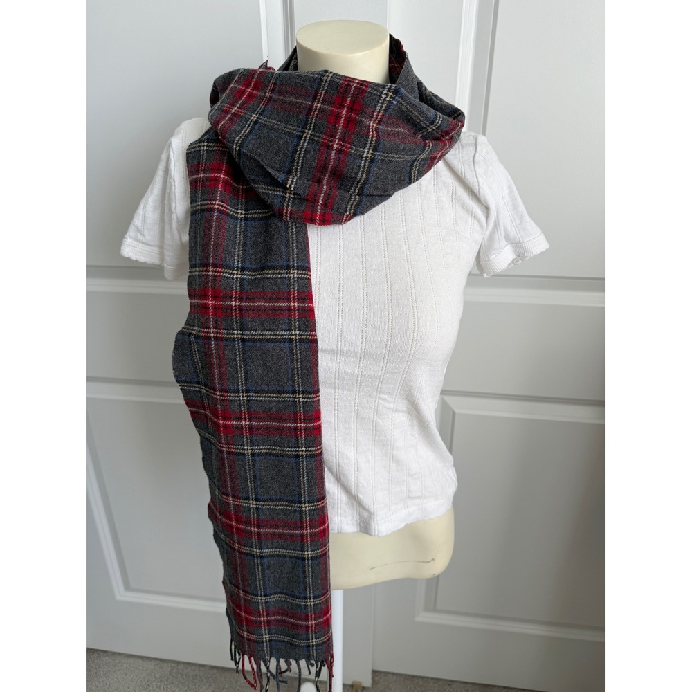 Pendleton Wool Scarf Grey Stewart Tartan Plaid Made in USA Fringed 12x60